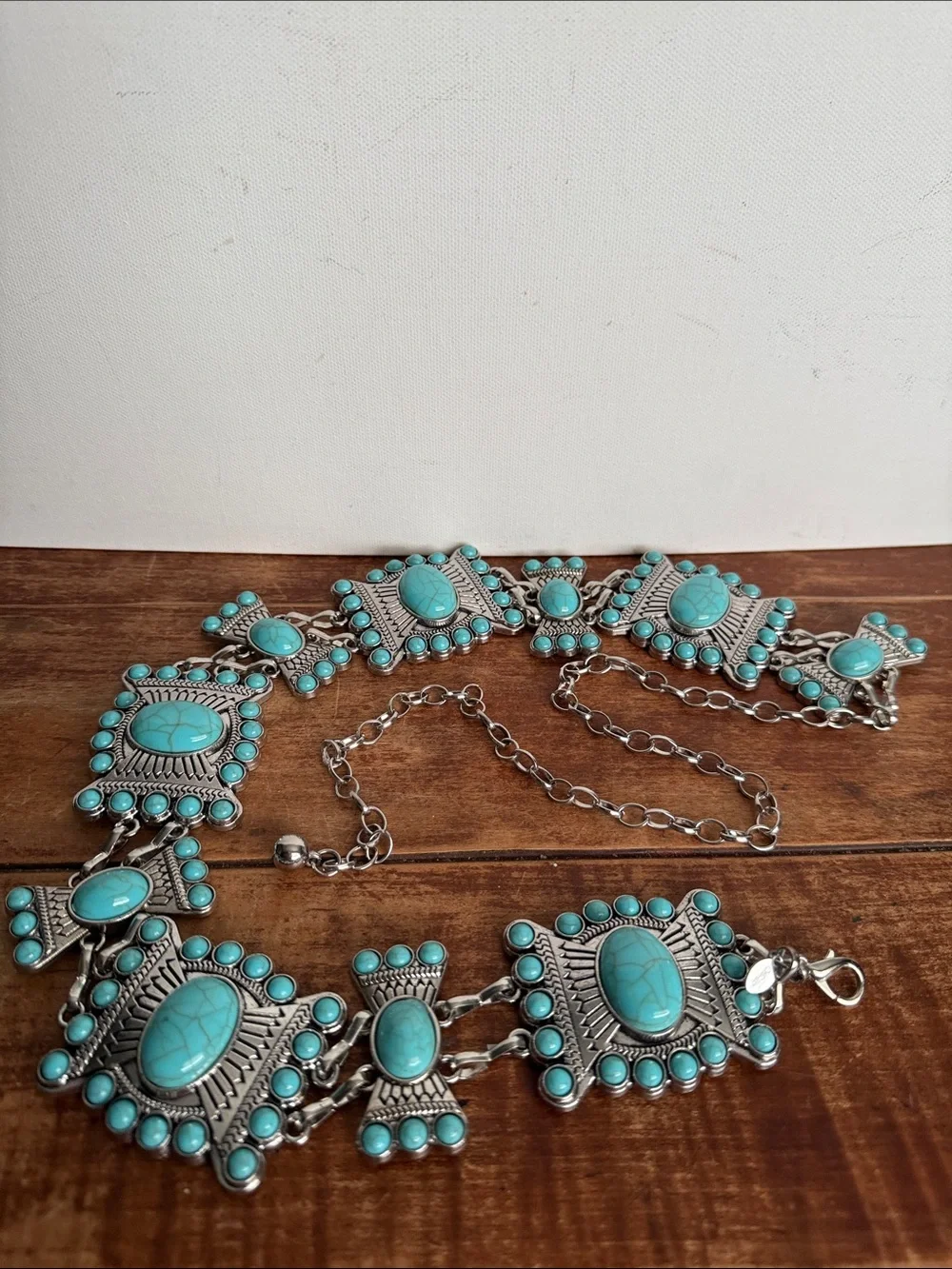 Turquoise Stone Statement Chain Belt- Silver-Tone Accents